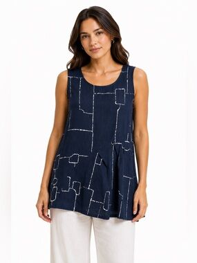 Chalet Et Ceci Lagenlook Linen Nautical Coastal Tank Top Navy Blue XS